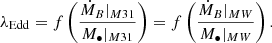 $$ \begin{aligned} \lambda _{\rm Edd} = f\left(\dfrac{\dot{M}_B|_{M31} }{M_\bullet |_{M31}}\right) = f\left(\dfrac{\dot{M}_B|_{MW}}{M_\bullet |_{MW}}\right). \end{aligned} $$