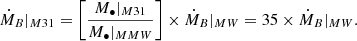 $$ \begin{aligned} \dot{M}_B|_{M31} = \left[ \dfrac{M_\bullet |_{M31}}{M_\bullet |_{MMW}} \right] \times \dot{M}_B|_{MW} = 35 \times \dot{M}_B|_{MW}. \end{aligned} $$