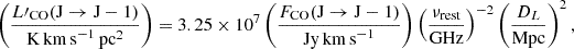 $$ \begin{aligned} \left( \frac{L\prime _{\rm CO}(\mathrm{J} \rightarrow \mathrm{J-1})}{\mathrm{K\,km\,s}^{-1}\,\mathrm{pc}^{2}} \right) = 3.25 \times 10^{7} \left( \frac{F_{\rm CO}(\mathrm{J} \rightarrow \mathrm{J-1})}{\mathrm{Jy\,km\,s}^{-1}} \right) \left( \frac{\nu _{\rm rest}}{\mathrm{GHz}} \right)^{-2} \left( \frac{D_{L}}{\mathrm{Mpc}} \right)^{2}, \end{aligned} $$