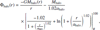 $$ \begin{aligned} \Phi _{\rm halo}(r) =&\frac{-GM_{\rm halo}(r)}{r} -\frac{M_{\rm halo}}{1.02a_{\rm halo}}\\&\times \left[\frac{-1.02}{1+\left(\frac{r}{a_{\rm halo}}\right)^{1.02}}+\ln {\left(1+\left(\frac{r}{a_{\rm halo}}\right)^{1.02}\right)}\right]_R^{100}, \end{aligned} $$