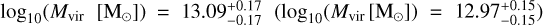 ${\log _{10}}\left( {{M_{{\rm{vir}}}}\left[ {{{\rm{M}}_ \odot }} \right]} \right) = 13.09_{ - 0.17}^{ + 0.17}\left( {{{\log }_{10}}\left( {{M_{{\rm{vir}}}}} \right.} \right.\left. {\left. {\left[ {{{\rm{M}}_ \odot }} \right]} \right) = 12.97_{ - 0.15}^{ + 0.15}} \right)$