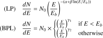 $\[\begin{array}{l}\text{(LP)} \quad\frac{d N}{d E}=N_0\left(\frac{E}{E_b}\right)^{-\left(\alpha+\beta \ln \left(E / E_b\right)\right)}\\\text{(BPL)}\quad \frac{d N}{d E}=N_0 \times \begin{cases}\left(\frac{E}{E_b}\right)^{\gamma_1} & \text { if } E<E_b \\ \left(\frac{E}{E_b}\right)^{\gamma_2} & \text { otherwise }\end{cases}\end{array}\]$
