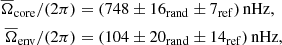 $$ \begin{aligned} \overline{\Omega }_{\rm core}/(2\pi )&=(748\pm 16_{\rm rand}\pm 7_{\rm ref})\,\mathrm{nHz},\\ \overline{\Omega }_{\rm env}/(2\pi )&=(104\pm 20_{\rm rand}\pm 14_{\rm ref})\,\mathrm{nHz}, \end{aligned} $$