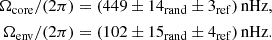 $$ \begin{aligned} \Omega _{\rm core}/(2\pi )&= (449 \pm 14_{\rm rand} \pm 3_{\rm ref})\,\mathrm{nHz},\\ \Omega _{\rm env}/(2\pi )&= (102 \pm 15_{\rm rand} \pm 4_{\rm ref})\,\mathrm{nHz}. \end{aligned} $$
