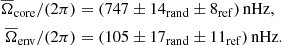 $$ \begin{aligned} \overline{\Omega }_{\rm core}/(2\pi )&=(747\pm 14_{\rm rand}\pm 8_{\rm ref})\,\mathrm{nHz},\\ \overline{\Omega }_{\rm env}/(2\pi )&=(105\pm 17_{\rm rand}\pm 11_{\rm ref})\,\mathrm{nHz}. \end{aligned} $$