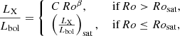 $$ \begin{aligned} \frac{L_{\rm X}}{L_{\rm bol}} = \left\{ \begin{array}{ll} C\,Ro^{\beta },&{\text{ if}}\,Ro > Ro_{\rm sat}, \\ \left(\frac{L_{\rm X}}{L_{\rm bol}}\right)_{\rm sat},&{\text{ if}}\,Ro\le Ro_{\rm sat},\\ \end{array}\right. \end{aligned} $$