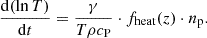 $$ \begin{aligned} \frac{\mathrm{d}(\ln T)}{\mathrm{d}t} = \frac{\gamma }{T\rho c_{\rm P}}\cdot f_{\rm heat} (z)\cdot n_{\rm p}. \end{aligned} $$