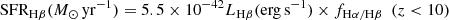 $$ \begin{aligned} \mathrm{SFR_{H\beta }} (M_\odot \,\mathrm{yr}^{-1}) = 5.5\times 10^{-42} L_{\rm H\beta } (\mathrm{erg\,s^{-1}}) \times f_{\rm H\alpha / H\beta } ~~ (z<10) \end{aligned} $$