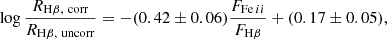 $$ \begin{aligned} \log \frac{R_{\mathrm{H}\beta , \ \mathrm {corr}}}{R_{\mathrm{H}\beta , \ \mathrm {uncorr}} } = -(0.42 \pm 0.06) \frac{F_{\mathrm{Fe}\,ii }}{F_{\mathrm{H}\beta }} + (0.17 \pm 0.05), \end{aligned} $$