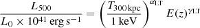 $$ \begin{aligned}&\frac{L_{500}}{L_0\times 10^{41}\,\mathrm{erg}\,\mathrm{s}^{-1}} = \left(\frac{T_{300\,\mathrm{kpc}}}{1\,\mathrm{keV}}\right)^{\alpha _{\rm LT}} E(z)^{\gamma _{\rm LT}} \end{aligned} $$