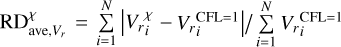 $\[\mathrm{RD}_{\text {ave}, V_{r}}^{\chi}=\sum_{i=1}^{N} \mid V_{r_{i}}^{\chi}- V_{r_{i}}^{\mathrm{CFL}=1} \mid / \sum_{i=1}^{N} V_{r_{i}}^{\mathrm{CFL}=1}\]$