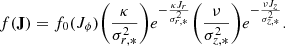 $$ \begin{aligned} f(\mathbf J ) = f_0({J_\phi }) \bigg (\frac{\kappa }{\sigma ^2_{r,*}}\bigg ) e^{-\frac{\kappa J_r}{\sigma ^2_{r,*}}} \bigg (\frac{\nu }{\sigma ^2_{z,*}}\bigg ) e^{-\frac{\nu J_z}{\sigma ^2_{z,*}}} . \end{aligned} $$