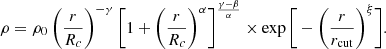 $$ \begin{aligned} \rho = \rho _0 \left(\frac{r}{R_c}\right)^{-\gamma } \bigg [ 1 + \bigg (\frac{ r}{R_c}\bigg )^\alpha \bigg ]^{\frac{\gamma -\beta }{\alpha }} \times \exp \bigg [-\bigg (\frac{r}{r_{\rm {cut}}}\bigg )^\xi \bigg ]. \end{aligned} $$