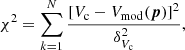 $$ \begin{aligned} \chi ^{2}=\sum _{k = 1}^{N}{\frac{[V_{\rm c}-V_{\rm mod}(\boldsymbol{p})]^{2}}{\delta _{V_{\rm c}}^{2}}}, \end{aligned} $$