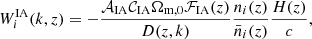 $$ \begin{aligned} W^\mathrm{IA}_i(k,z)=-\frac{\mathcal{A} _{\rm IA}\mathcal{C} _{\rm IA}\Omega _{\rm m,0}\mathcal{F} _{\rm IA}(z)}{D(z,k)}\frac{n_i(z)}{\bar{n}_i(z)}\frac{H(z)}{c}, \end{aligned} $$