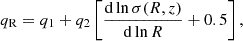 $$ \begin{aligned} q_{\rm R}&= q_1 + q_2 \left[ \frac{\mathrm{d} \ln \sigma (R,z)}{\mathrm{d} \ln R} + 0.5 \right],\end{aligned} $$