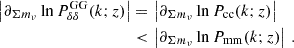 $$ \begin{aligned} \left| \partial _{\Sigma m_\nu } \ln P_{\delta \delta }^\mathrm{GG}(k;z) \right| =&\, \left| \partial _{\Sigma m_\nu } \ln P_\mathrm{cc} (k;z) \right| \\ <&\, \left| \partial _{\Sigma m_\nu } \ln P_\mathrm{mm} (k;z) \right|\,. \nonumber \end{aligned} $$
