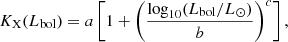 $$ \begin{aligned} K_{\rm X}(L_{\rm bol}) = a\left[ 1 + \left( \frac{{\log _{10}}(L_{\rm bol} / L_{\odot })}{b} \right)^{c} \right], \end{aligned} $$