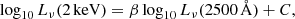 $$ \begin{aligned} {\log _{10}}\,{L_{\nu }(2\,\mathrm{keV})} = \beta \,{\log _{10}}\,{L_{\nu }(2500\,{\AA })} + C , \end{aligned} $$