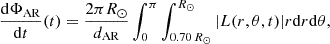 $$ \begin{aligned} \frac{\mathrm{d}\Phi _{\mathrm{AR} }}{\mathrm{d}t}(t)=\frac{2\pi R_\odot }{d_{\mathrm{AR} }}\int _0^{\pi }\int _{0.70\,R_{\odot }}^{R_{\odot }}|L(r,\theta ,t)|r\mathrm{d}r\mathrm{d}\theta , \end{aligned} $$