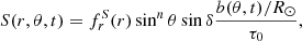 $$ \begin{aligned} S(r,\theta ,t)&= f_r^S(r)\sin ^n\theta \sin \delta \frac{b(\theta ,t)/R_{\odot }}{\tau _0}, \end{aligned} $$