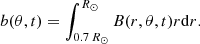 $$ \begin{aligned} b(\theta ,t)=\int _{0.7\,R_\odot }^{R_\odot } B(r,\theta ,t) r \mathrm{d}r. \end{aligned} $$