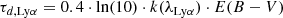 $$ \begin{aligned} \tau _{d,{\mathrm {Ly}{\alpha}} } = 0.4 \cdot \ln (10) \cdot k(\lambda _{\mathrm {Ly}\alpha} ) \cdot E(B-V) \end{aligned} $$