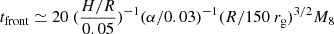 $ t_{\mathrm{front}}\simeq 20~ (\frac{H/R}{0.05})^{-1}(\alpha/0.03)^{-1}(R/150~r_{\mathrm{g}})^{3/2} M_8 $