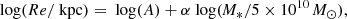 $$ \begin{aligned} \text{ log} (Re/\text{ kpc})=\text{ log} (A)+\alpha \text{ log} (\textit{M}_{*} /5\times 10^{10}\,\textit{M}_{\odot }), \end{aligned} $$