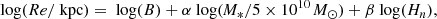$$ \begin{aligned} \text{ log} (Re/\text{ kpc})=\text{ log} (B) + \alpha \text{ log} (\textit{M}_{*}/5\times 10^{10}\,\textit{M}_{\odot }) + \beta \text{ log} (H_n), \end{aligned} $$