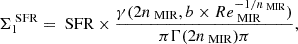 $$ \begin{aligned} \Sigma _{1}^{\text{ SFR}} = \text{ SFR} \times \frac{\gamma (2n_{\text{ MIR}}, b\times Re_{\text{ MIR}}^{-1/n_{\text{ MIR}}})}{\pi \Gamma (2n_{\text{ MIR}})\pi }, \end{aligned} $$