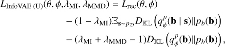 $\[\begin{align*}L_{\mathrm{InfoVAE}(\mathrm{U})}(\theta, \phi & \left., \lambda_{\mathrm{MI}}, \lambda_{\mathrm{MMD}}\right)=L_{\mathrm{rec}}(\theta, \phi)\\& -\left(1-\lambda_{\mathrm{MI}}\right) \mathbb{E}_{\mathbf{s} \sim p_{\mathcal{D}}} D_{\mathbb{KL}}\left(q_{\phi}^{p}(\mathbf{b} \mid \mathbf{s}) \| p_{b}(\mathbf{b})\right)\\& -\left(\lambda_{\mathrm{MI}}+\lambda_{\mathrm{MMD}}-1\right) D_{\mathbb{KL}}\left(q_{\phi}^{p}(\mathbf{b}) \| p_{b}(\mathbf{b})\right),\end{align*}\]$