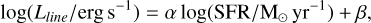 $\log \left( {{L_{line{\rm{ }}}}/{\rm{erg}}{{\rm{s}}^{ - 1}}} \right) = \alpha \log \left( {{\rm{SFR}}/{{\rm{M}}_ \odot }{\rm{y}}{{\rm{r}}^{ - 1}}} \right) + \beta ,$