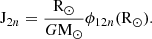 $$ \begin{aligned} \mathrm{J} _{2n} = \frac{\mathrm{R} _\odot }{G\mathrm{M} _\odot } \phi _{12n}(\mathrm{R} _\odot ). \end{aligned} $$