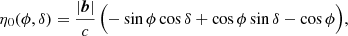 $$ \begin{aligned} \eta _0(\phi , \delta ) = \dfrac{|\boldsymbol{b}|}{c}\, \Bigl (-\sin \phi \cos \delta + \cos \phi \sin \delta - \cos \phi \Bigr ), \end{aligned} $$
