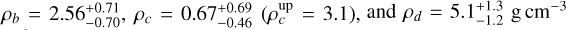 ${\rho _b} = 2.56_{ - 0.70}^{ + 0.71},{\rho _c} = 0.67_{ - 0.46}^{ + 0.69}\left( {\rho _c^{{\rm{up}}} = 3.1} \right),\,and{\rho _d} = 5.1_{ - 1.2}^{ + 1.3}{\rm{g}}{\rm{c}}{{\rm{m}}^{ - 3}}$