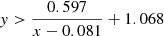 $$ \begin{aligned} y > \frac{0.597}{x-0.081} + 1.068 \end{aligned} $$