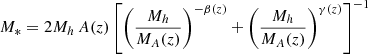 $$ \begin{aligned} M_* = 2M_h \, A(z)\left[ \left(\frac{M_h}{M_A(z)}\right)^{-\beta (z)} + \left(\frac{M_h}{M_A(z)}\right)^{\gamma (z)} \right]^{-1} \end{aligned} $$