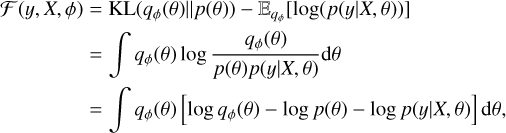 $\eqalign{ & {\cal F}(y,X,\phi ) = {\mathop{\rm KL}\nolimits} \left( {{q_\phi }(\theta )p(\theta )} \right) - {_{{q_\phi }}}[\log (p(y\mid X,\theta ))] \cr & \,\,\,\,\,\,\,\,\,\,\,\,\,\,\,\,\,\,\,\,\,\,\,\, = \int {{q_\phi }} (\theta )\log {{{q_\phi }(\theta )} \over {p(\theta )p(y\mid X,\theta )}}{\rm{d}}\theta \cr & \,\,\,\,\,\,\,\,\,\,\,\,\,\,\,\,\,\,\,\,\,\,\,\, = \int {{q_\phi }} (\theta )\left[ {\log {q_\phi }(\theta ) - \log p(\theta ) - \log p(y\mid X,\theta )} \right]{\rm{d}}\theta , \cr} $