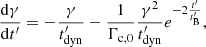 $$ \begin{aligned} \frac{\mathrm{d}\gamma }{\mathrm{d}t^{\prime }}=-\frac{\gamma }{t^{\prime }_{\rm dyn}}-\frac{1}{\Gamma _{\rm c,0}}\frac{\gamma ^2}{t^{\prime }_{\rm dyn}}e^{-2\frac{t^{\prime }}{t^{\prime }_{\rm B}}}, \end{aligned} $$