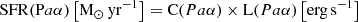$$ \begin{aligned} \mathrm{SFR} (\mathrm Pa\alpha )\left[\mathrm{M}_{\odot }\, \mathrm{yr}^{-1}\right] = \mathrm C(Pa\alpha ) \times \mathrm L(Pa\alpha ) \left[\mathrm{erg\,s}^{-1}\right] \end{aligned} $$