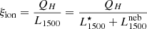$$ \begin{aligned} \xi _{\rm ion} = \frac{Q_{H}}{L_{1500}} = \frac{Q_{H}}{L^\star _{1500}+ L^\mathrm{neb}_{1500}} \end{aligned} $$