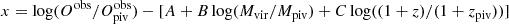 $ x = \log (O^{\mathrm{obs}}/O^{\mathrm{obs}}_{\mathrm{piv}}) - [A + B \log (M_{\mathrm{vir}}/M_{\mathrm{piv}})+ C \log ((1+z)/(1+z_{\mathrm{piv}}))] $