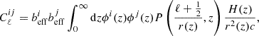 $$ \begin{aligned} C_\ell ^{ij}= b^i_{\mathrm{eff}} b^j_{\mathrm{eff}} \int _0^\infty \mathrm{d}z \phi ^i(z)\phi ^j(z) P\left(\frac{\ell +\frac{1}{2}}{r(z)}, z\right) \frac{H(z)}{r^2(z)c}, \end{aligned} $$