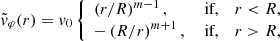 $$ \begin{aligned} \tilde{v}_\varphi (r)&= v_0 \left\{ \begin{array}{lll} \left( r/R \right)^{m-1},&\text{ if},&r < R, \\ - \left( R/r \right)^{m+1},&\text{ if},&r > R, \end{array} \right. \end{aligned} $$