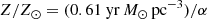 $$ \begin{aligned} Z/Z_{\odot }=(0.61~\mathrm{yr}\,M_{\odot }\,\mathrm{pc}^{-3})/\alpha \end{aligned} $$