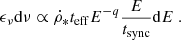 $$ \begin{aligned} \epsilon _\nu \mathrm{d}\nu \propto \dot{\rho }_* t_{\rm eff} E^{-q} \frac{E}{t_{\rm sync}} \mathrm{d}E\ . \end{aligned} $$