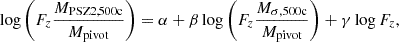 $$ \begin{aligned} \log \left( F_z \frac{M_\text{PSZ2,500c}}{M_\text{pivot}} \right) = \alpha + \beta \log \left( F_z\frac{M_{\sigma , \text{500c}}}{M_\text{pivot}} \right) + \gamma \log F_z , \end{aligned} $$