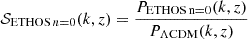 $$ \begin{aligned} \mathcal{S} _{\mathrm{ETHOS}\,n = 0}(k,z) = \frac{P_{\rm \mathrm{ETHOS}\,n = 0}(k,z)}{P_{\Lambda \mathrm{CDM}}(k,z)} \end{aligned} $$