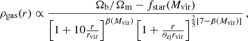 $$ \begin{aligned} \rho _{\rm gas}(r)\propto \frac{\Omega _{\rm b}/\Omega _{\rm m} -f_{\rm star}(M_{\rm vir})}{\left[1+10\frac{r}{r_{\rm vir}}\right]^{\beta (M_{\rm vir})}\left[1+\frac{r}{\theta _{\rm ej}r_{\rm vir}}\right]^{\frac{2}{5}[7-\beta (M_{\rm vir})]}} \, , \end{aligned} $$